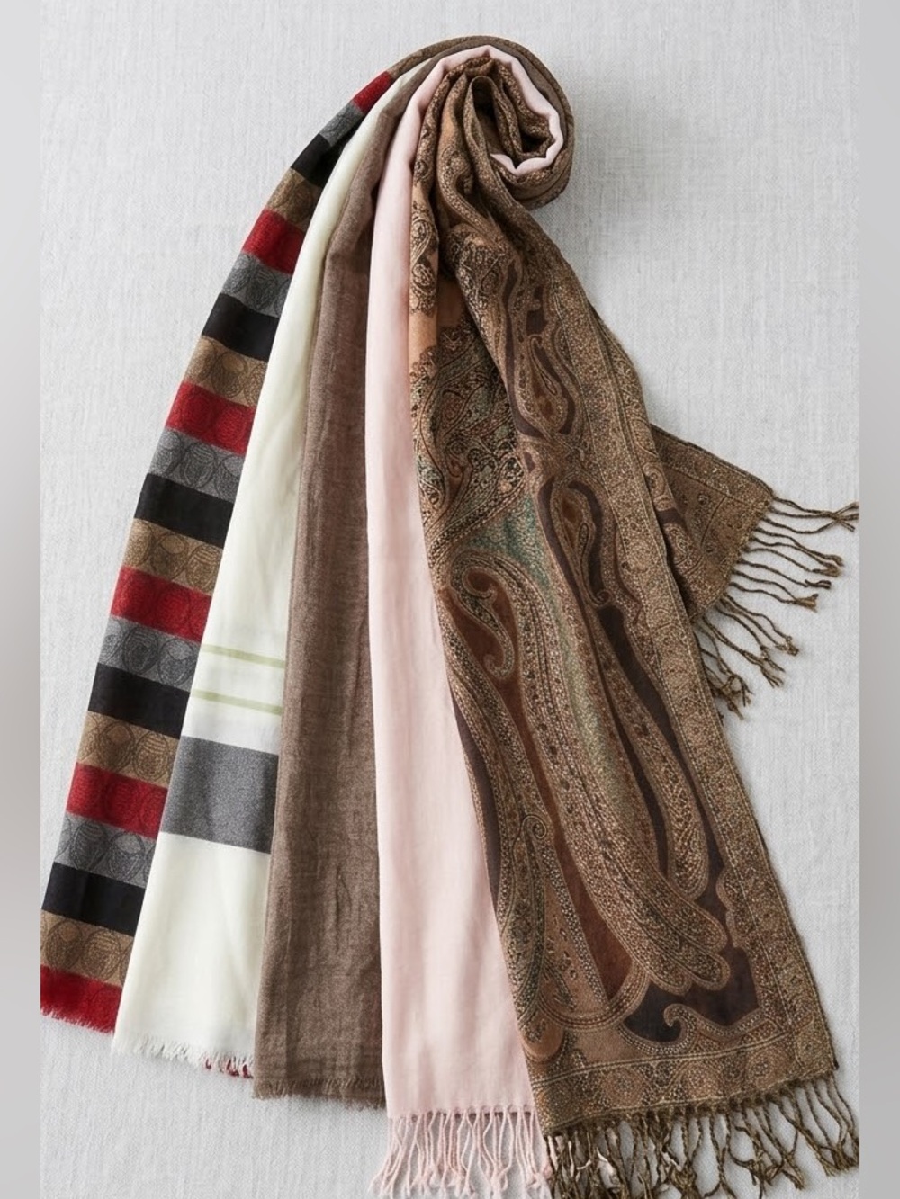 Lot of 5 Pashmina Scarf Bundle Paisley Striped Solid Soft Shawl Wraps Fringe